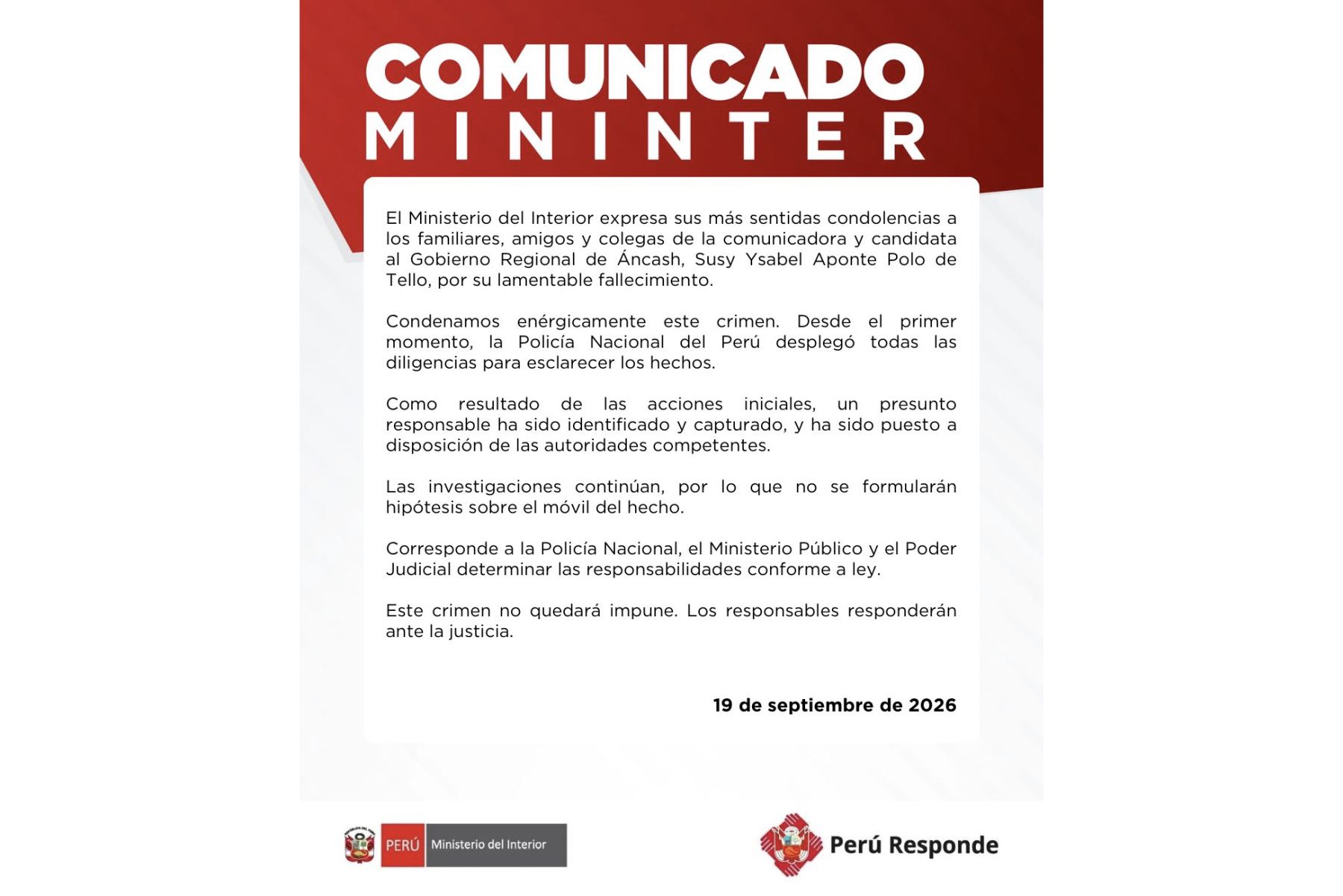 Mininter confirma captura de un presunto autor de homicidio de candidata regional